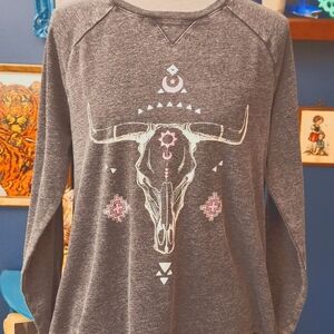Grayson Threads Juniors Cow Skull Graphic Crewneck Sweatshirt Grey Size Large